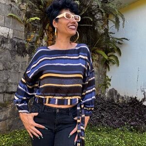 Vintage Zara Basic Collection Stripe multicolor satin  crop Tie upside￼